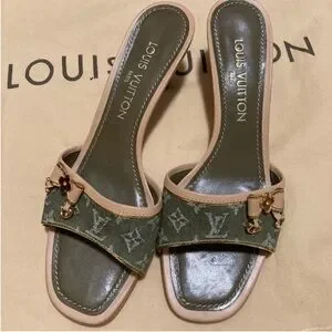 Louis Vuitton Green Slide Sandals with Monogram Canvas